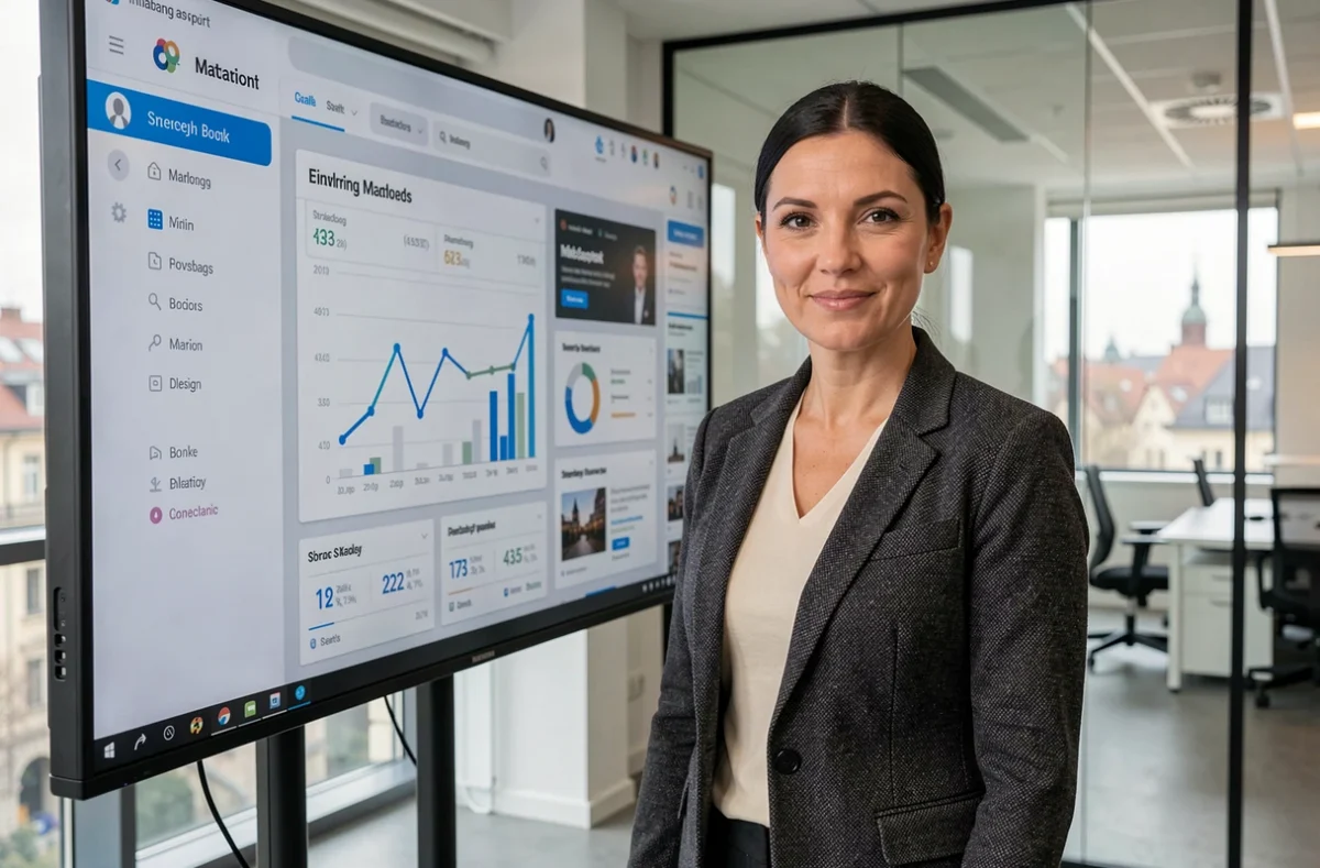 Directrice marketing de l'agence Adeliom présentant un tableau de bord de campagne digitale dans des bureaux modernes à Strasbourg