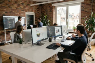 Vue d'ensemble d'un bureau d'agence web moderne dans le Bas-Rhin avec des professionnels collaborant sur des projets digitaux
