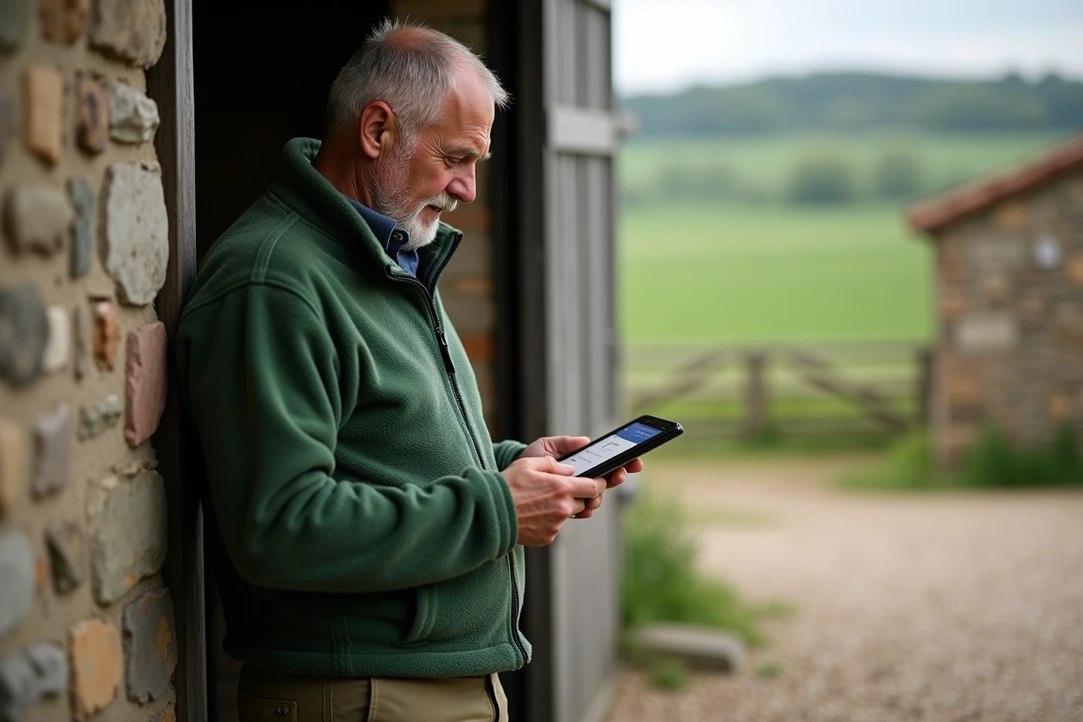 Agriculteur accédant à son compte Terciel via une tablette numérique dans la cour de sa ferme Terrena