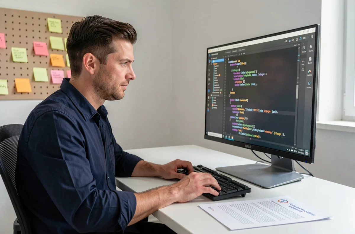 Développeur web d'Alsacreations travaillant sur du code HTML et CSS dans un bureau minimaliste à Strasbourg