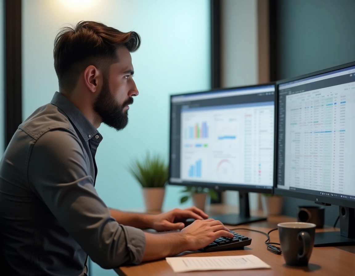 Professionnel sales analysant des données CRM et des critères de profil client idéal sur deux écrans de bureau