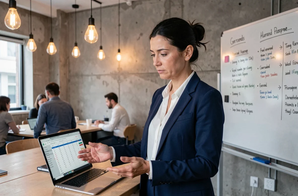 Femme consultante analysant les risques financiers du portage salarial dans un espace de coworking moderne