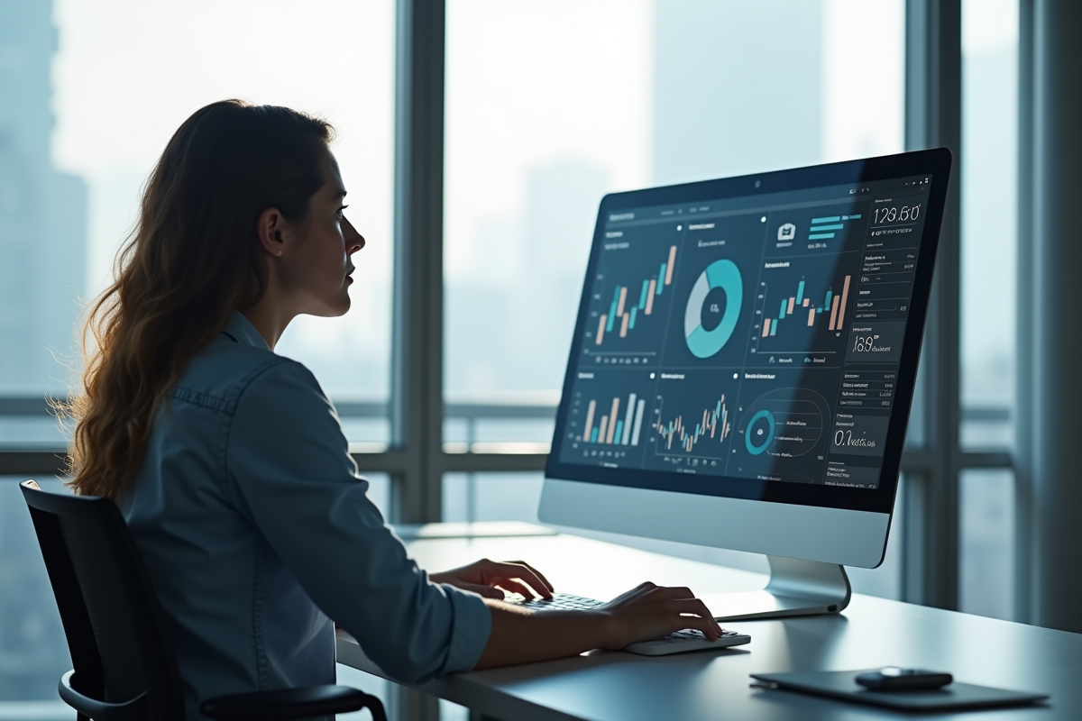 Personne analysant des données sur un grand ecran en bureau clair