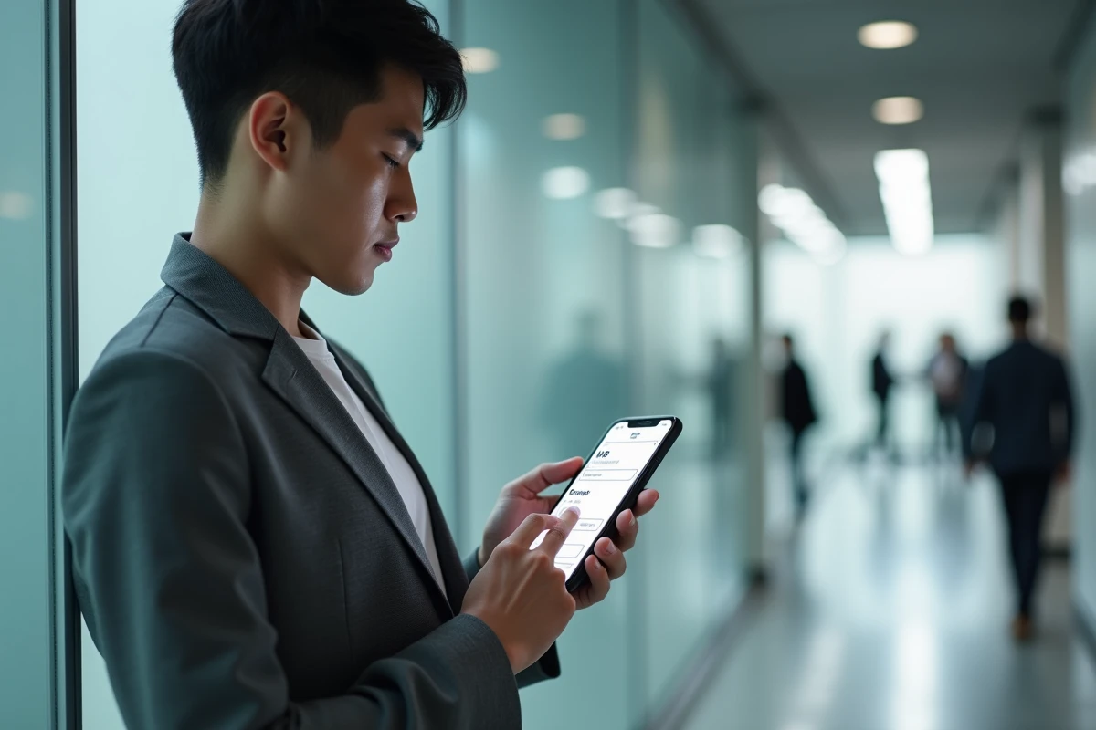 Jeune professionnel mettant à jour ses coordonnées sur une application RH mobile depuis un couloir d'entreprise moderne
