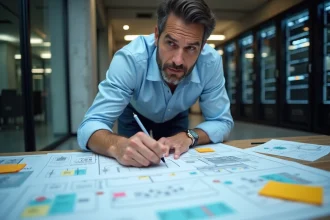Architecte informatique analysant des diagrammes d'intégration système pour la compatibilité d'un logiciel PROROLE dans un SI existant