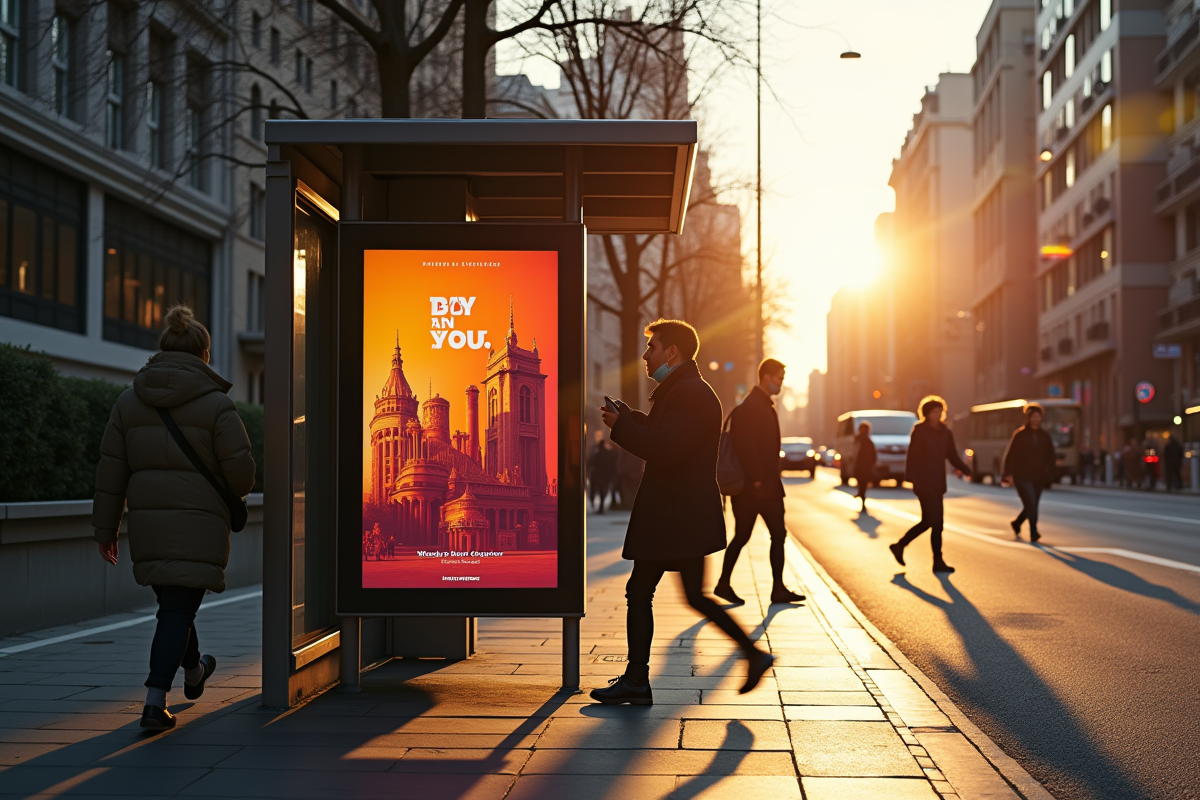 Arrêt de bus urbain avec affiche publicitaire en lumière dorée