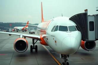 Avion de compagnie low cost en livrée blanche et orange sur le tarmac d'un aéroport, illustrant la concurrence Boeing Airbus