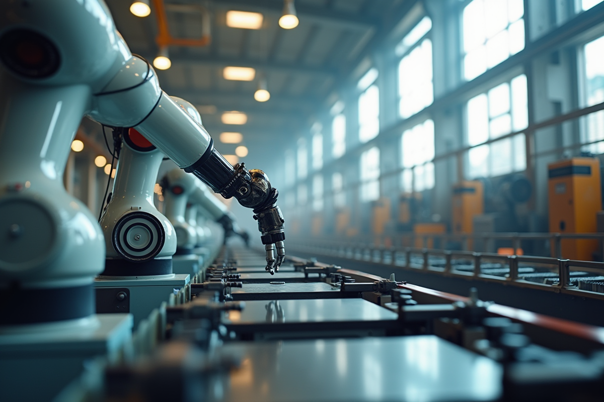 Bras robotique collaborant avec des humains sur une ligne de production