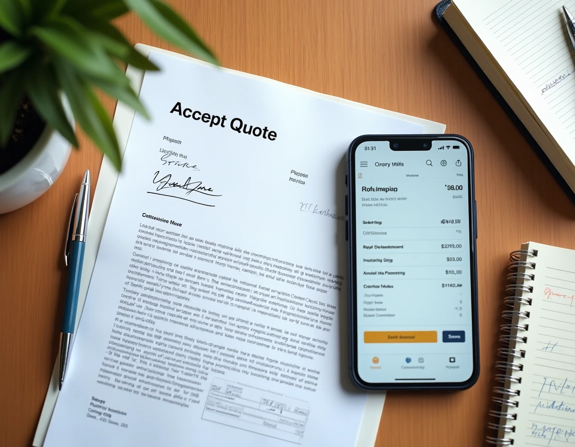 Vue de dessus d'un bureau avec un devis signé et une application de facturation affichant la conversion en facture en un clic