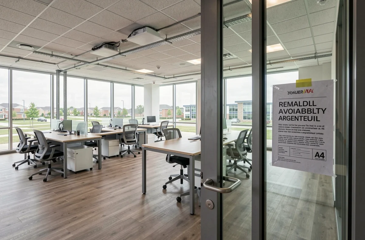 Espace de bureau vide disponible à la location dans un immeuble de bureaux d'Argenteuil avec vue sur un parc d'affaires