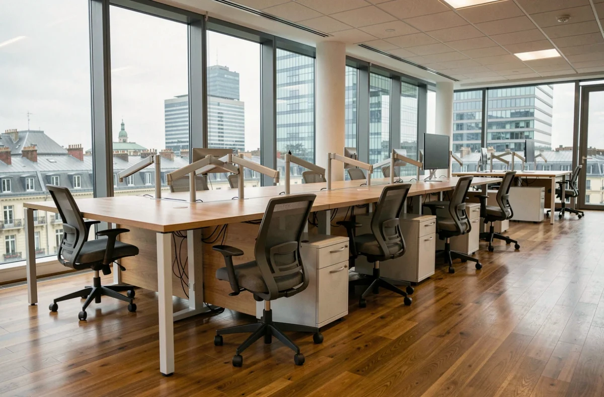 Rangée de postes de travail vides dans un coworking haut de gamme du quartier Part-Dieu à Lyon, avec vue sur les tours du quartier d'affaires
