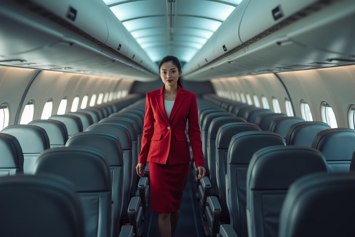 Intérieur de cabine d'un avion low cost avec rangées de sièges serrés et hôtesse de l'air en uniforme rouge dans l'allée centrale