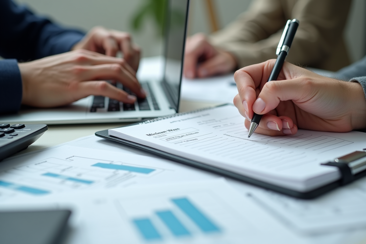 Mains remplissant un calcul de salaire minimum sur un carnet