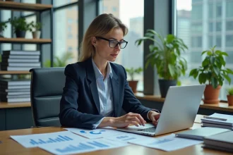 Cheffe d'entreprise analysant des tableaux de rentabilité et des graphiques de seuil de rentabilité sur son bureau professionnel