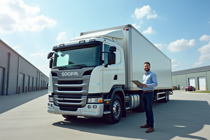 Camion lourd d'occasion avec propriétaire souriant en journée