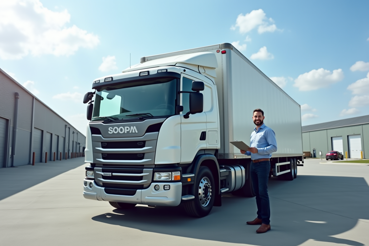 Camion lourd d'occasion avec propriétaire souriant en journée