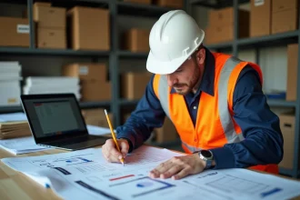 Chef de chantier analysant des marges et des quantités de matériaux sur des plans et tableurs pour éviter les erreurs de commande