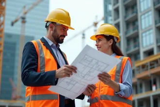 Manager de construction avec ingénieure sur site moderne