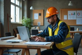 Homme en veste de chantier travaillant sur un ordinateur