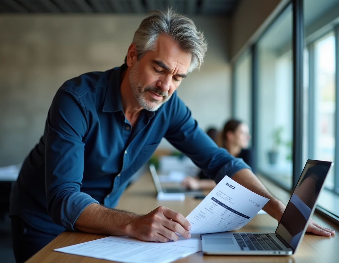 Chef d'entreprise consultant un devis papier et un logiciel de facturation dans un espace de coworking moderne
