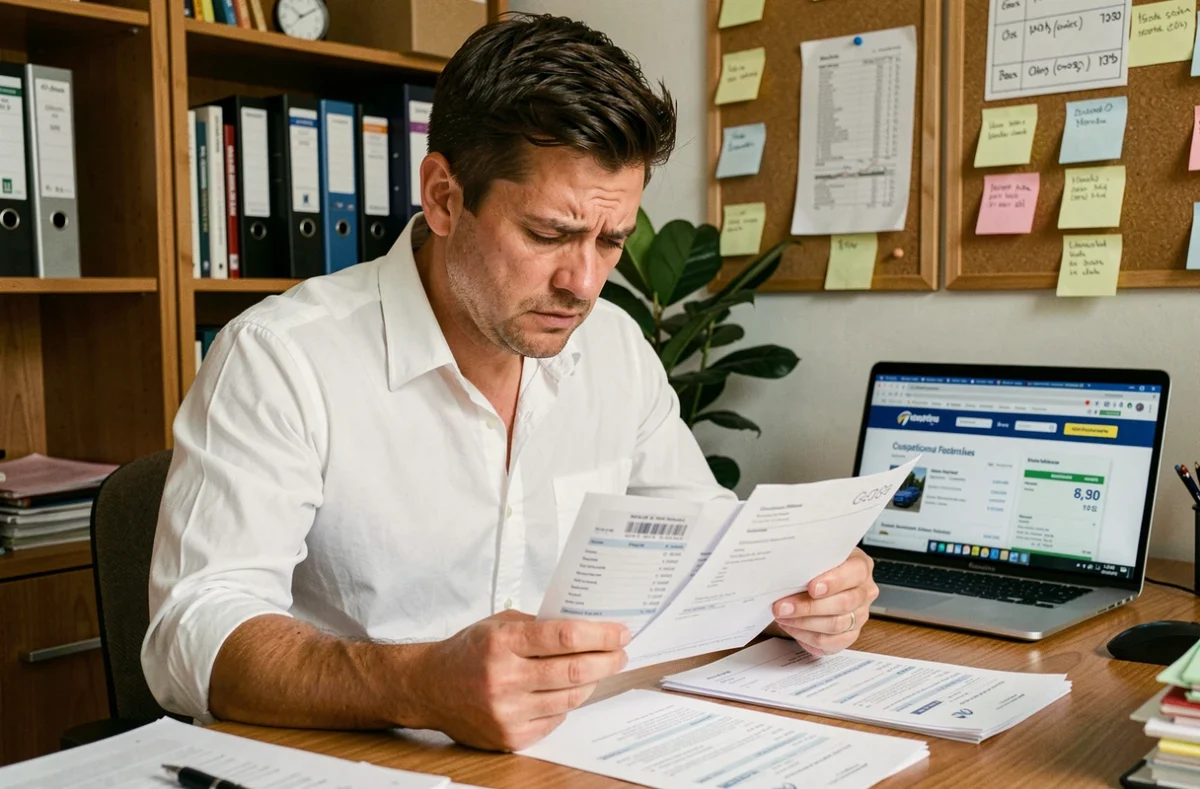 Chef de PME comparant des factures de frais de douane dans un bureau à domicile pour éviter les erreurs liées à l'incoterm DDP