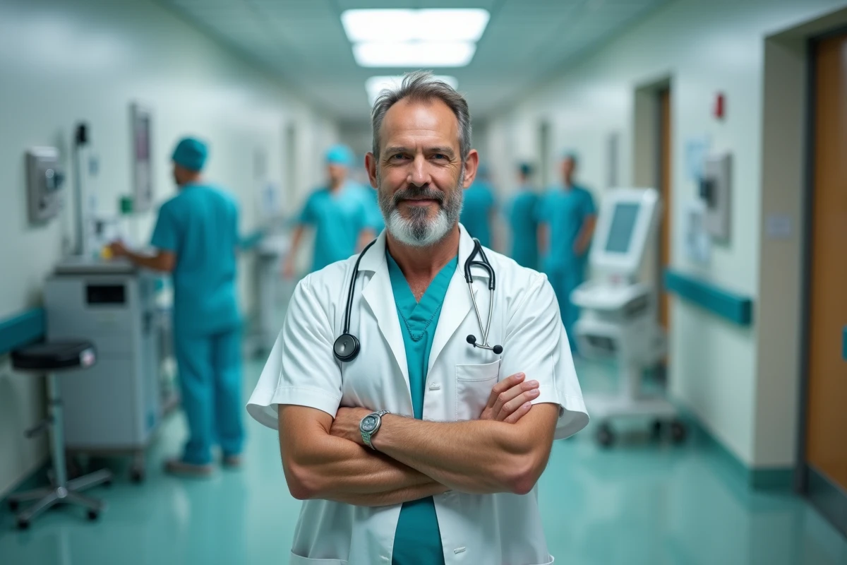 Chirurgien en blouse blanche dans un couloir d'hôpital, symbolisant l'un des métiers les mieux rémunérés et les plus exigeants en termes de qualité de vie
