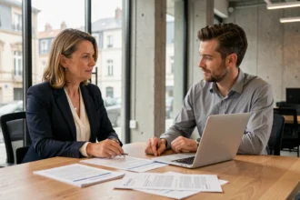 Consultante en portage salarial discutant d'un contrat avec une professionnelle dans un bureau coworking moderne à Belfort