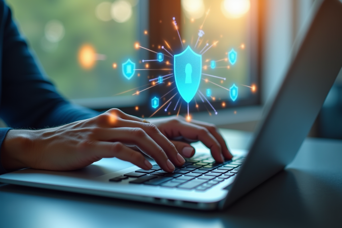 Mains tapant sur un clavier avec hologrammes de sécurité