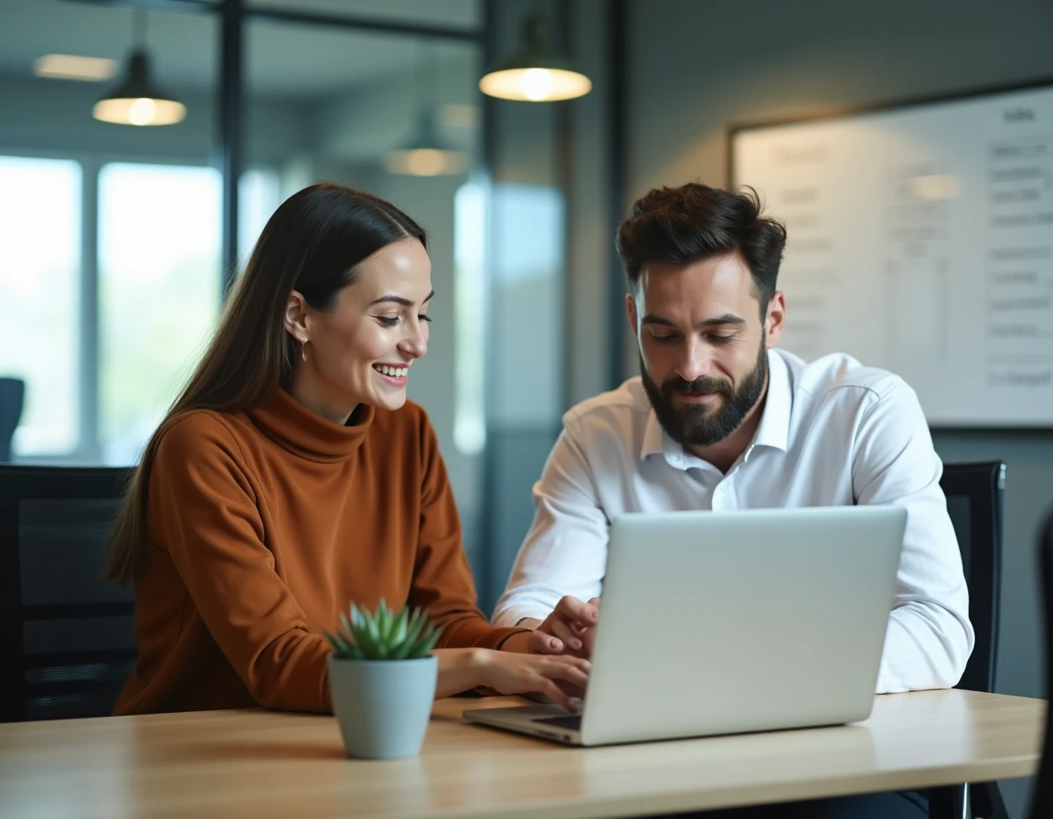 Deux collègues partageant des astuces de navigation sur l'intranet Inetum lors d'une réunion collaborative en salle de réunion vitrée
