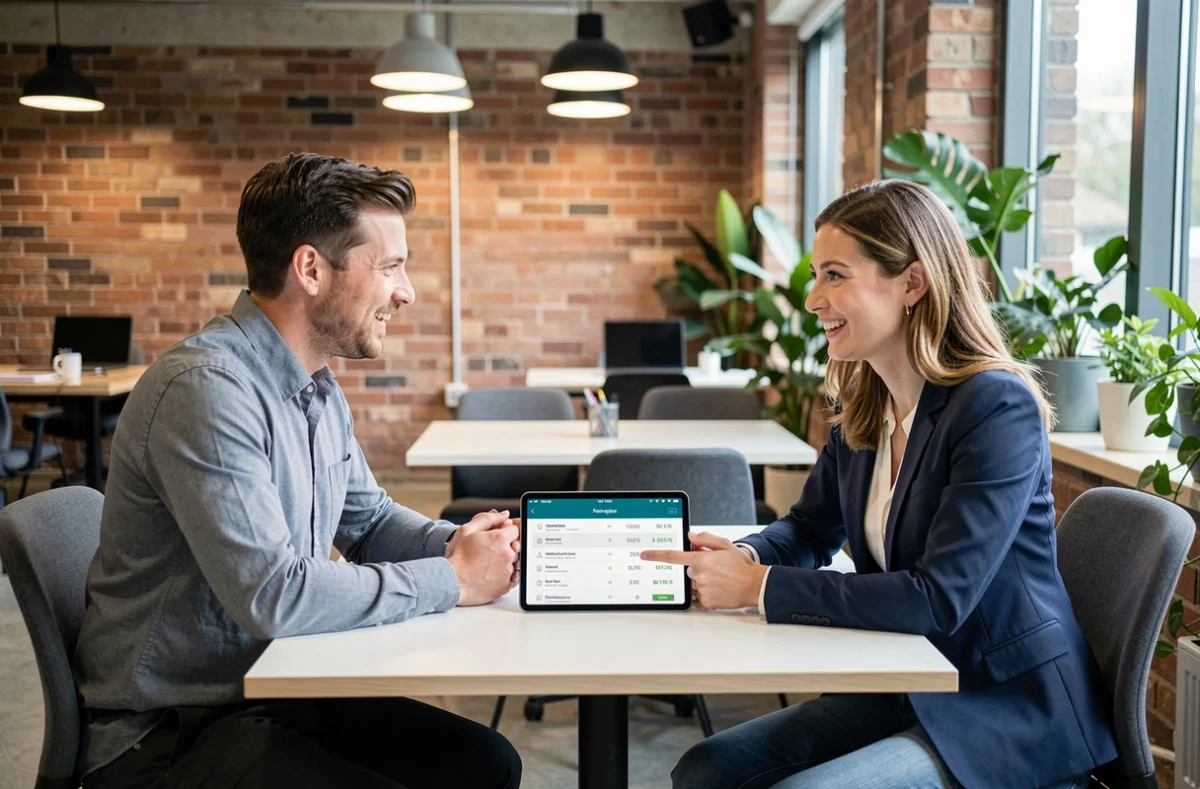 Deux collègues en espace de coworking discutant de données de négociation salariale sur une tablette