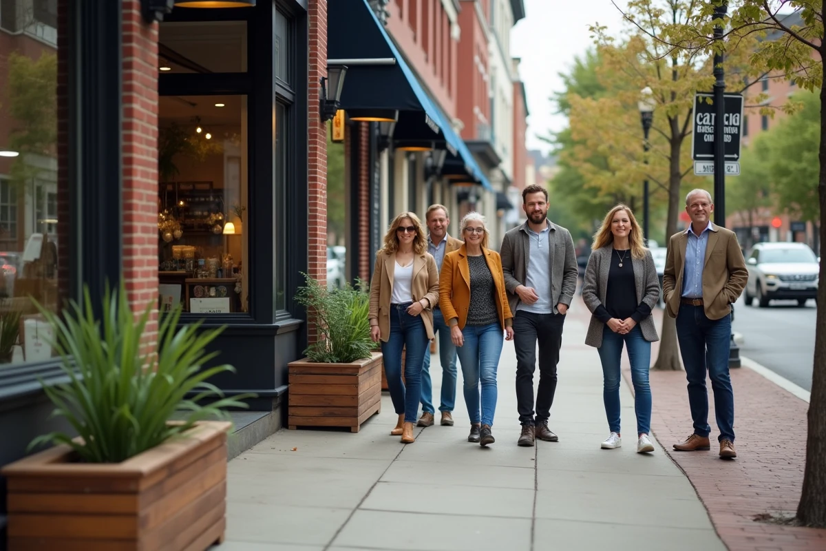 Groupes de commer&ccedil;ants dans une rue pi&eacute;tonne anim&eacute;e