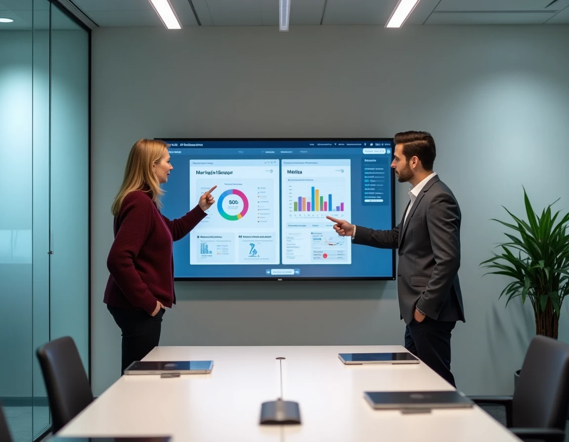 Deux professionnels RH comparant l'interface PaiePilote et mySilae sur un écran de salle de réunion