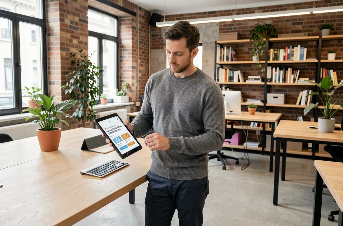 Freelance masculin comparant des offres de sociétés de portage salarial sur une tablette dans un espace de travail ouvert