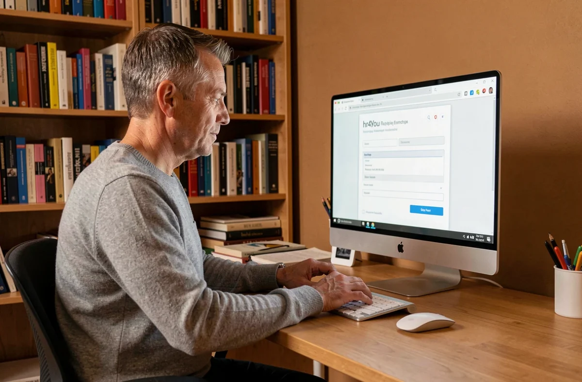 Homme consultant et modifiant son compte hr4you Auchan depuis son bureau à domicile sur ordinateur de bureau