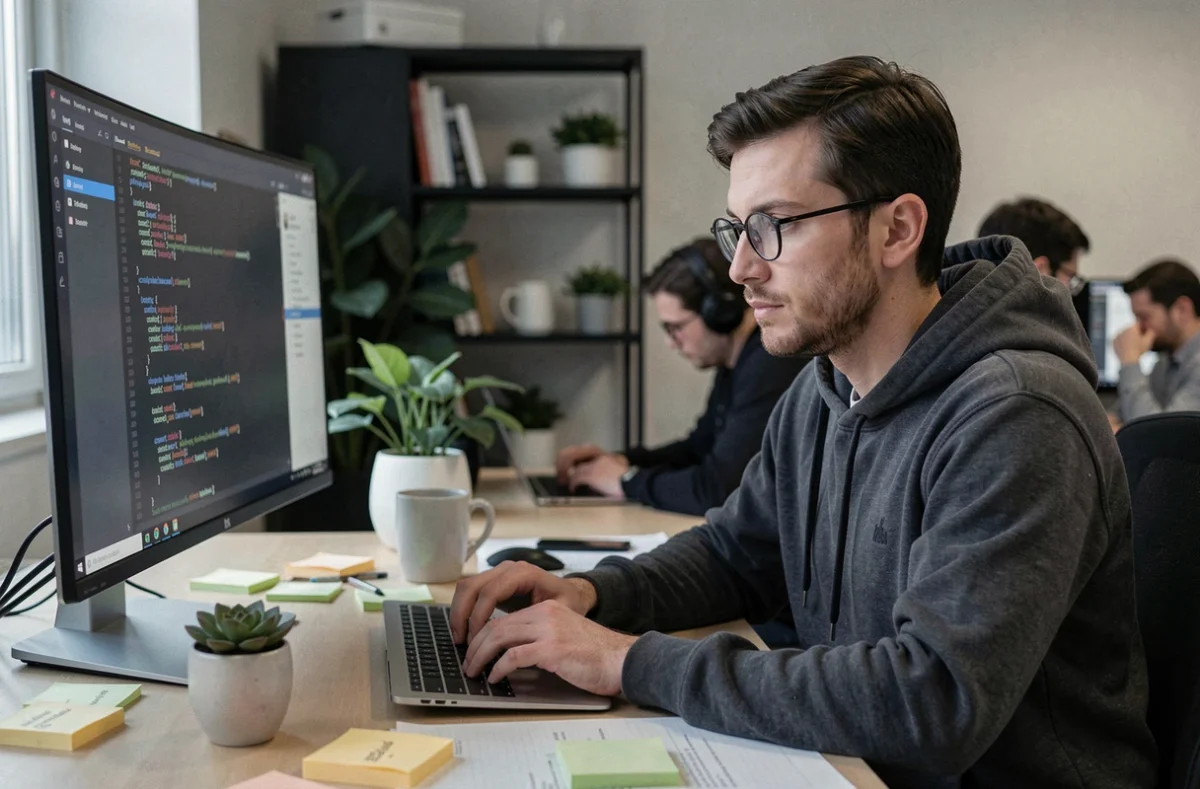 Développeur web de Comsapiens en train de coder un site internet sur son poste de travail