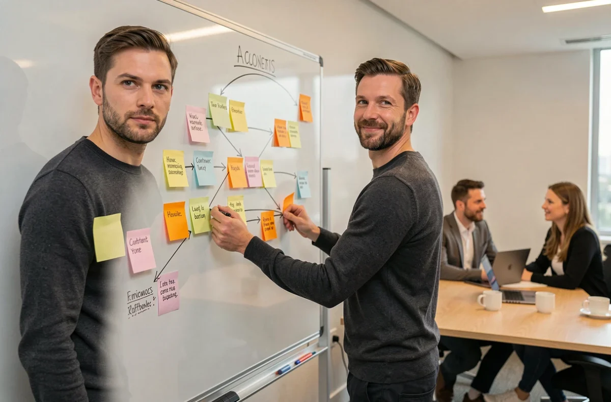 Consultant B2B cartographiant un funnel de contenu sur un tableau blanc collaboratif en salle de réunion