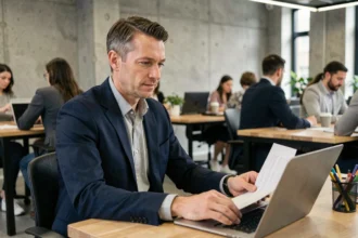 Consultant indépendant en portage salarial travaillant dans un espace de coworking moderne