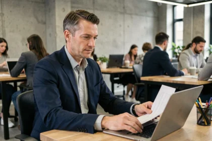 Consultant indépendant en portage salarial travaillant dans un espace de coworking moderne