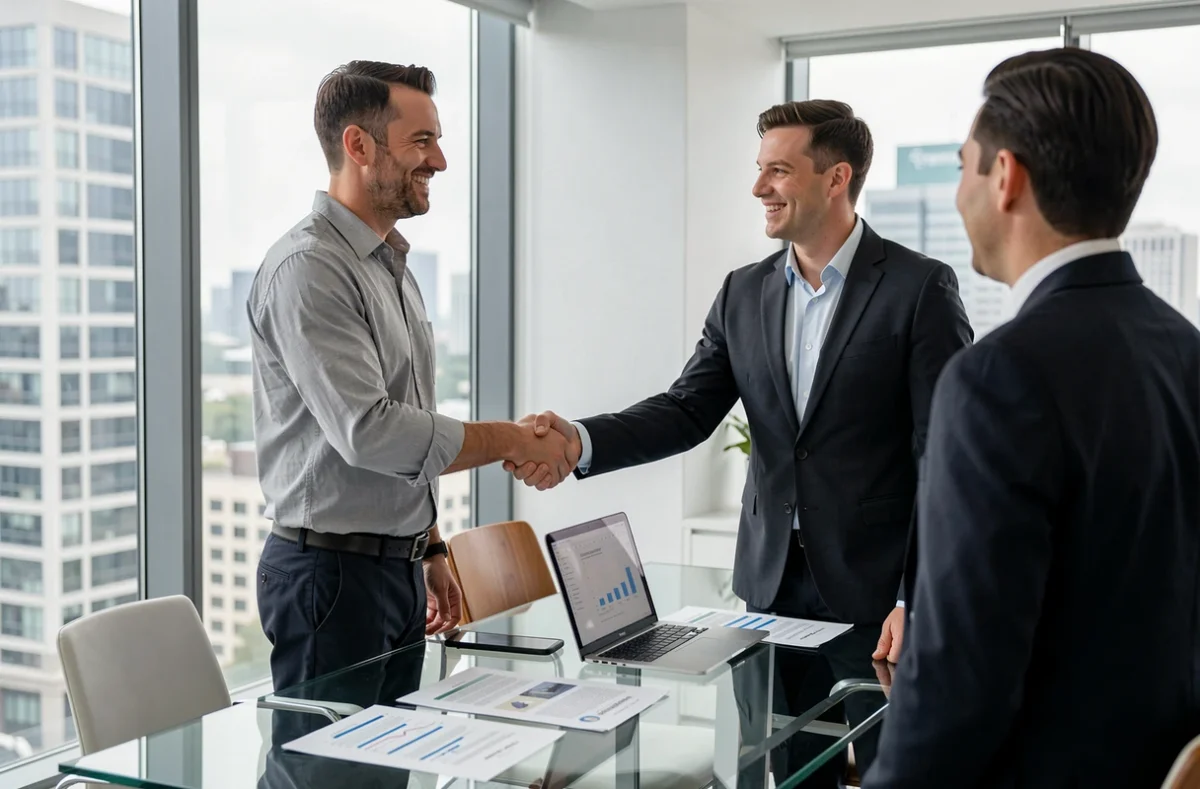 Consultant en portage salarial concluant un accord commercial avec un client en salle de réunion
