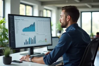 Consultant SEO masculin analysant des résultats de référencement naturel sur écran dans un bureau moderne à Rennes