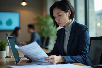 Consultante en agence marketing analysant des rapports de performance et des tableaux de bord numériques dans un espace de coworking moderne