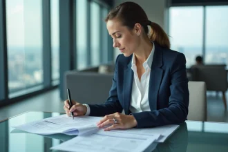 Consultante financière analysant des documents dans les bureaux d'un grand cabinet d'audit international