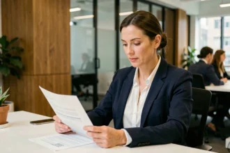 Consultante indépendante en portage salarial révisant un contrat dans un espace de coworking moderne