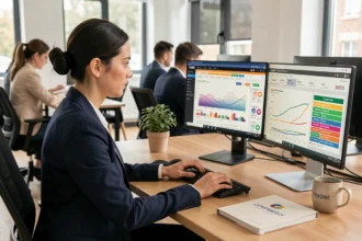 Consultante SEO analysant des données de référencement sur ordinateur dans une agence du Val-de-Marne