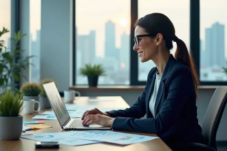 Consultante SEO analysant des courbes de trafic en hausse sur un tableau de bord analytique dans un bureau moderne
