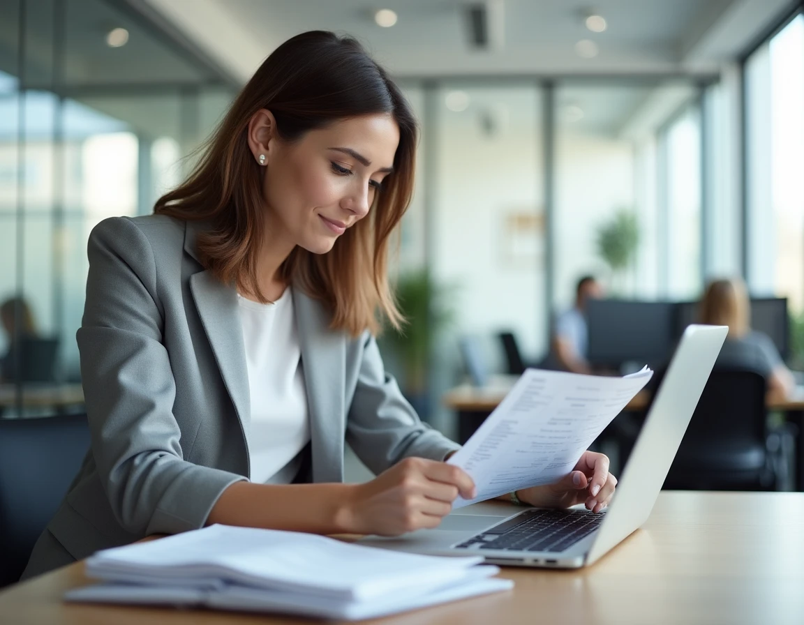 Femme consultant d'anciens bulletins de paie papier et un logiciel de paie sur ordinateur portable au bureau