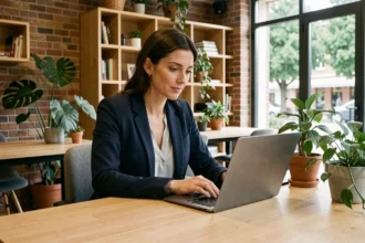 Femme travaillant dans un espace de coworking moderne à Aix-les-Bains avec plantes vertes et murs en briques apparentes