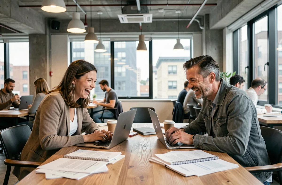 Deux professionnels indépendants riant ensemble dans un espace de coworking, illustrant la solidarité et l'humour face aux défis du business