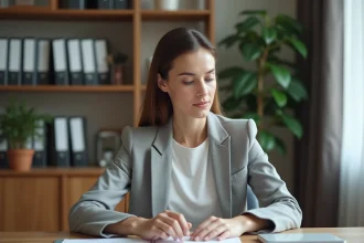 Femme entrepreneur examinant des documents administratifs pour créer sa micro-entreprise via l'URSSAF