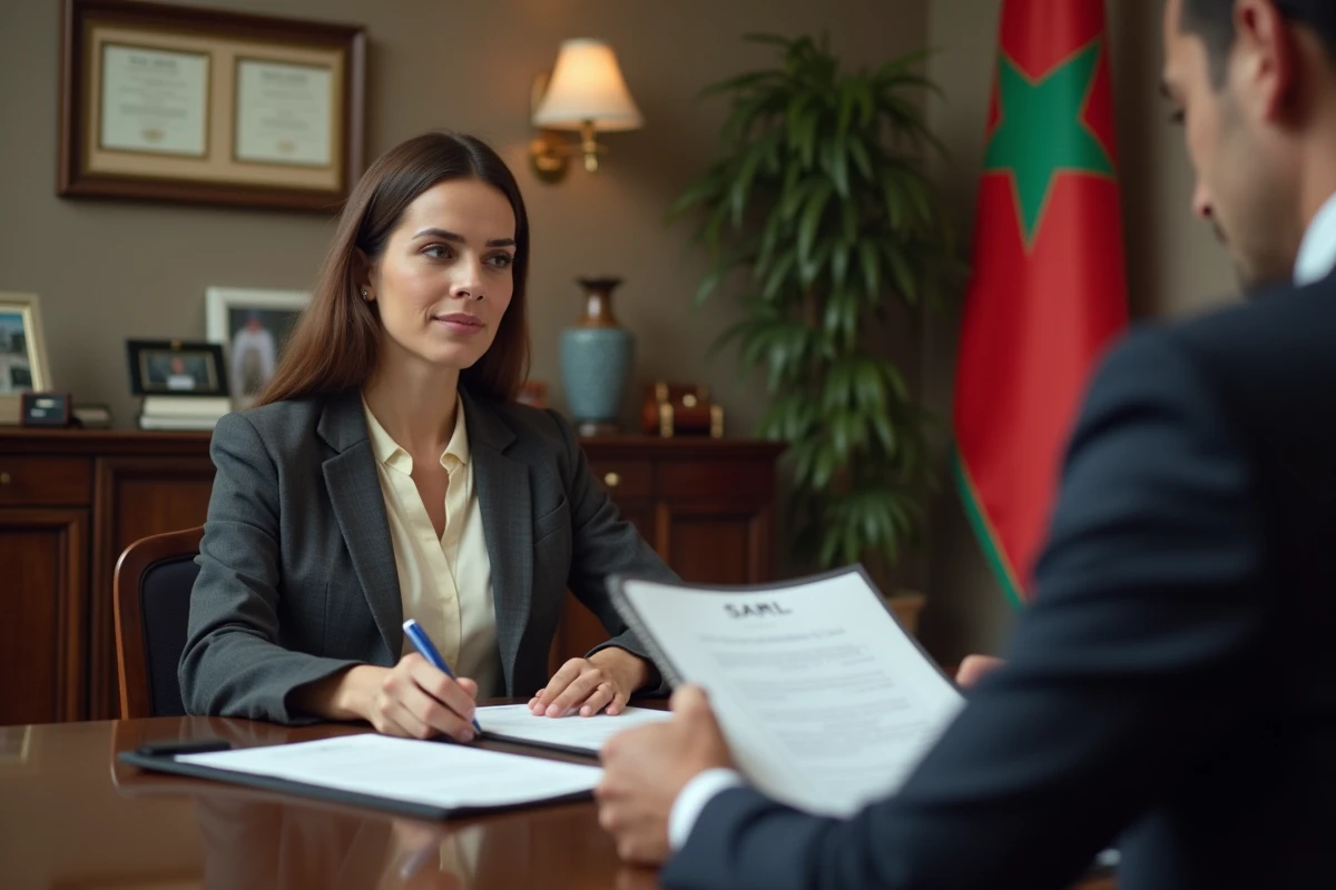 Femme d'affaires marocaine en réunion avec un notaire pour la création d'une SARL à Casablanca